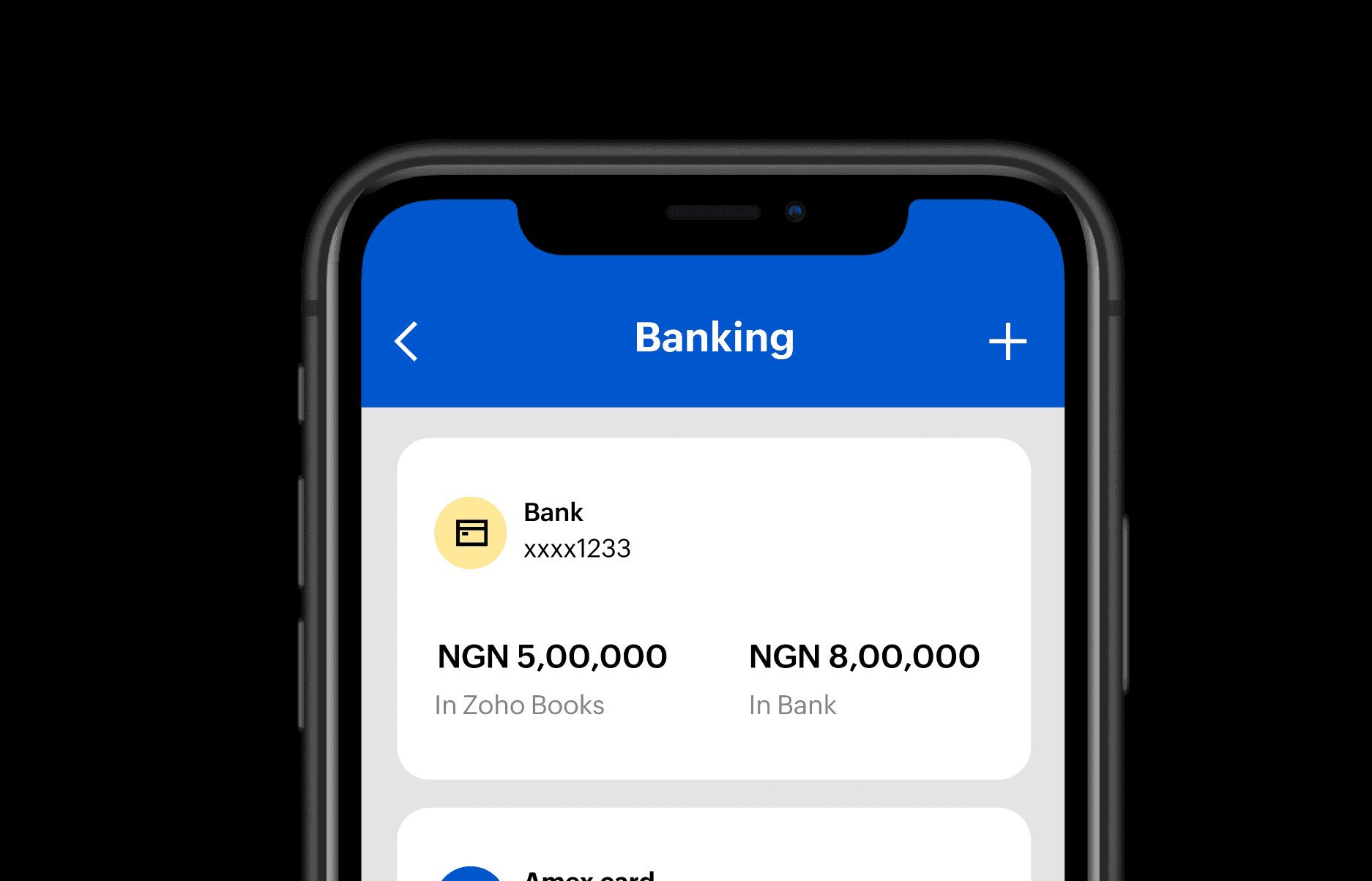 Zoho Books mobile app interface shows the banking module