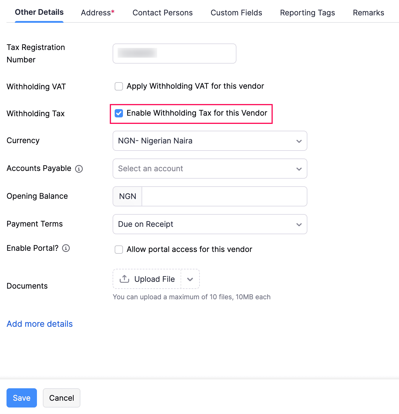 Enable Withholding Tax for Vendor