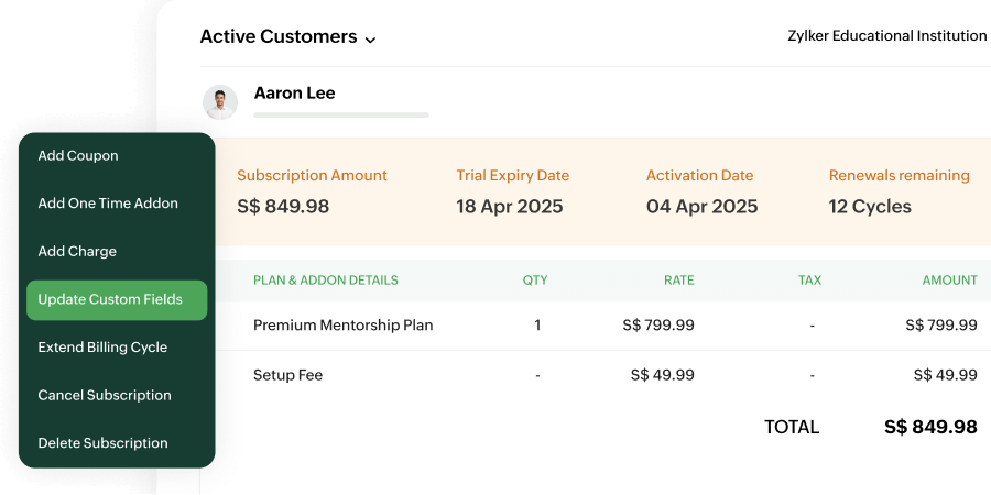 Preview of Zoho Billing's customer module