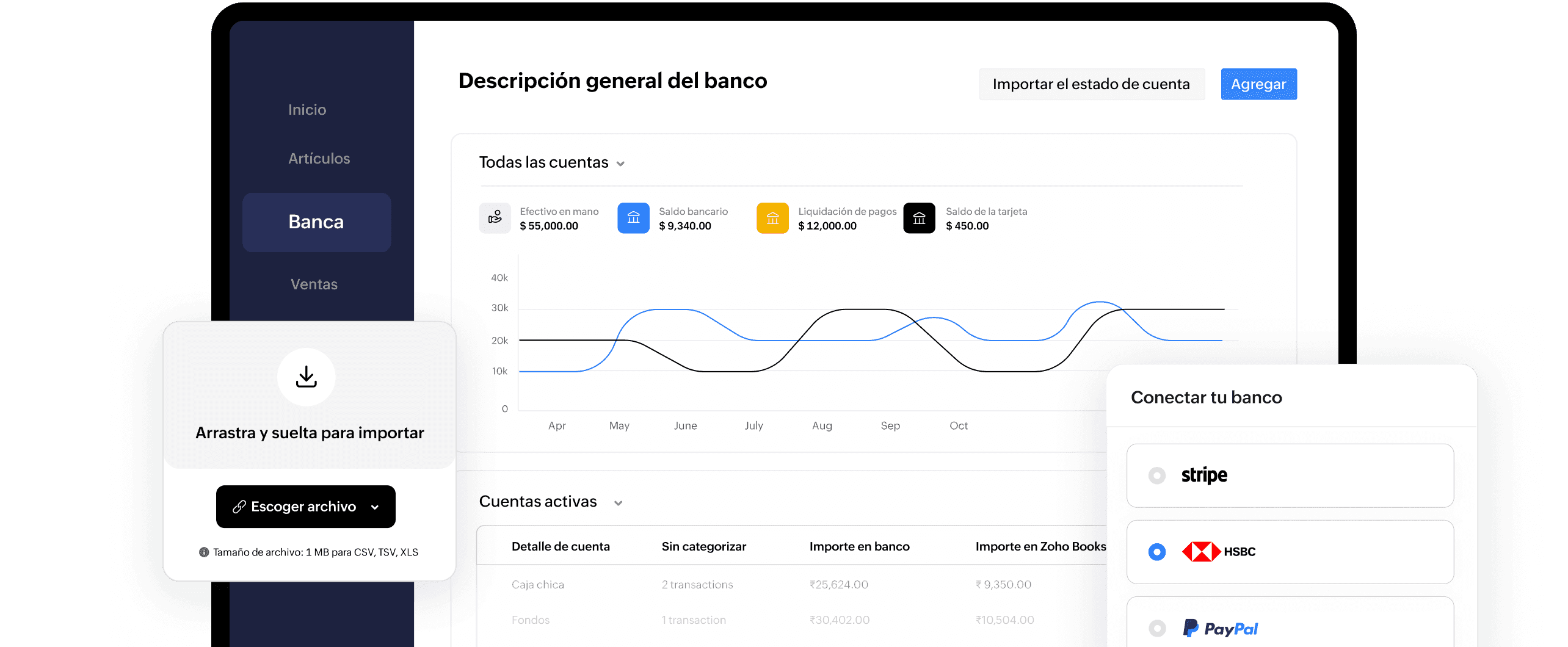 Zoho Books banking module seen on a screen with cash on hand, bank balance and other details plotted on a graph. Options to fetch bank feeds directly from bank and upload statments manually are also seen.