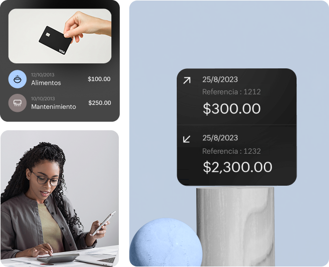 Lockup of a person checking bank statements, and a stylized image of line items from a bank feed.