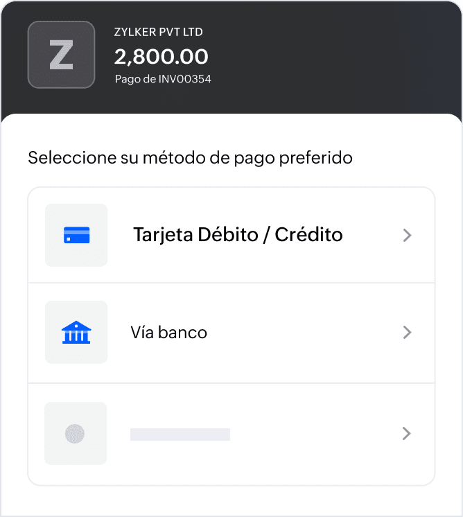 Zoho Books admite varios métodos de pago