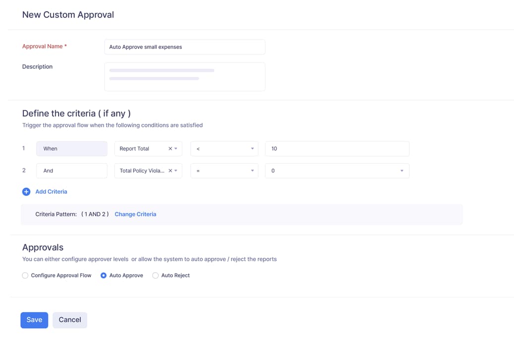 Zoho Expense screen showcasing the custom approval setup