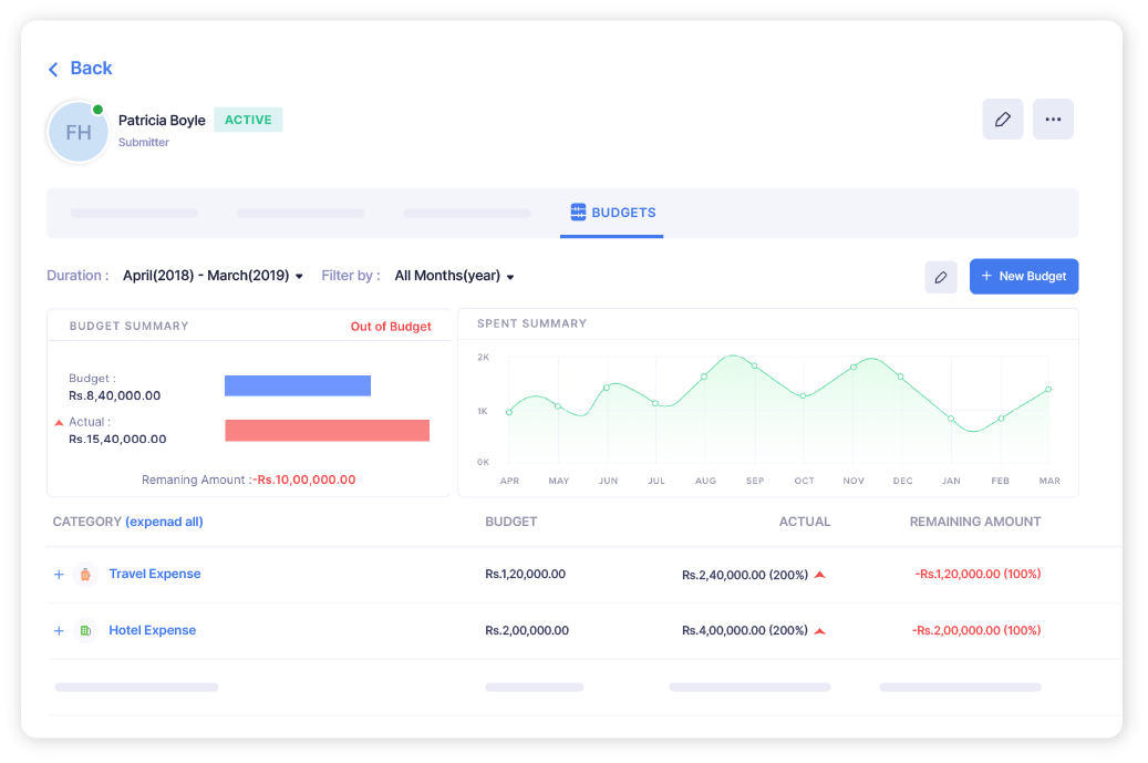 Screen depicting budget assigned to a user