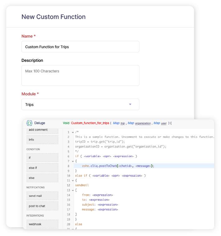 Custom function creation screen in Zoho Expense
