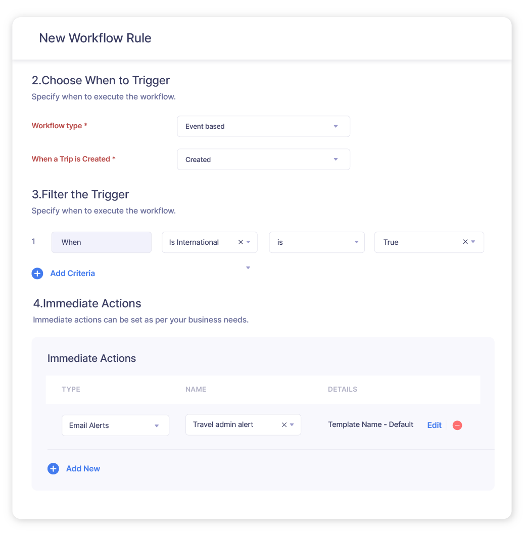 Screenshot depicting workflow rule creation in Zoho Expense