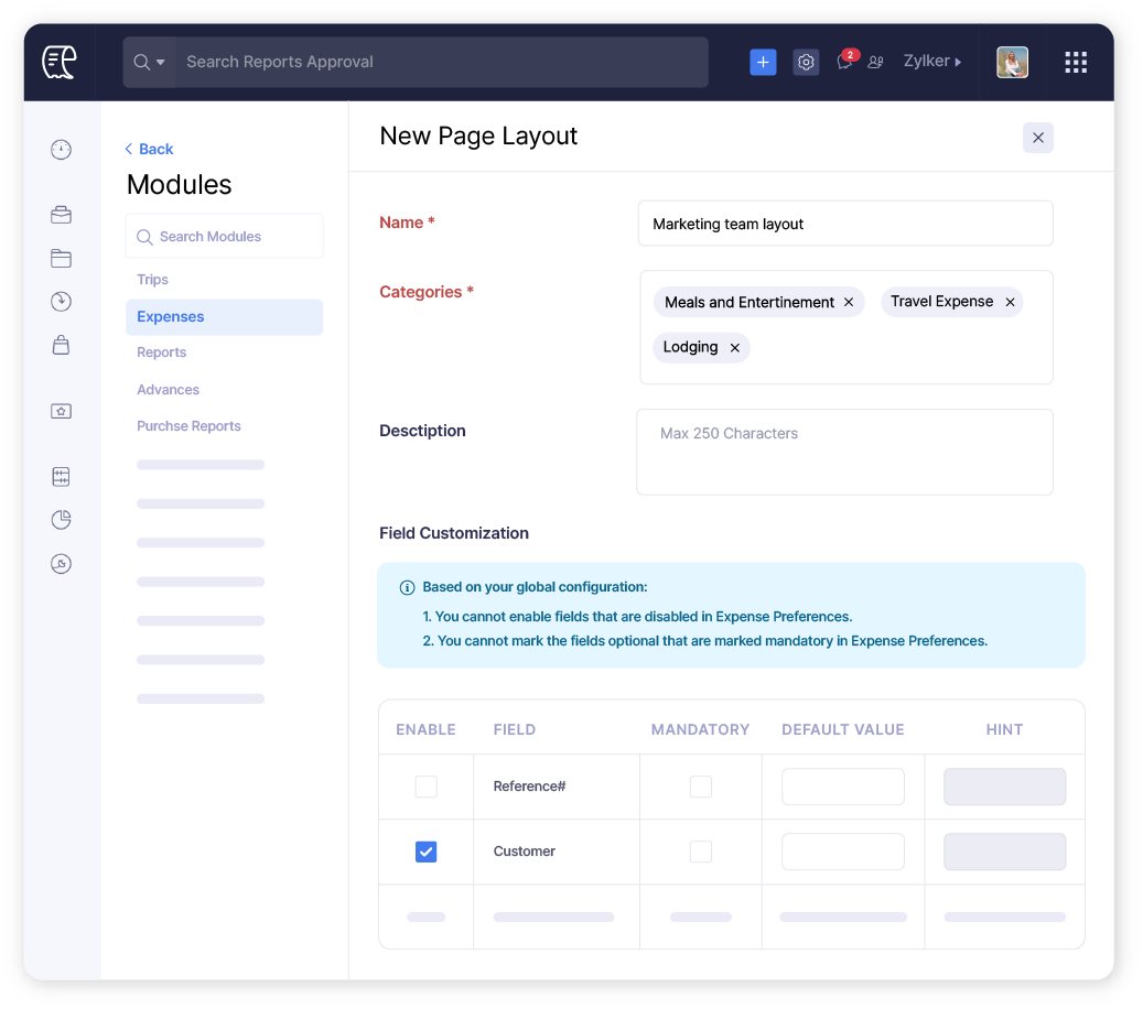 Page layout setup screen in Zoho Expense