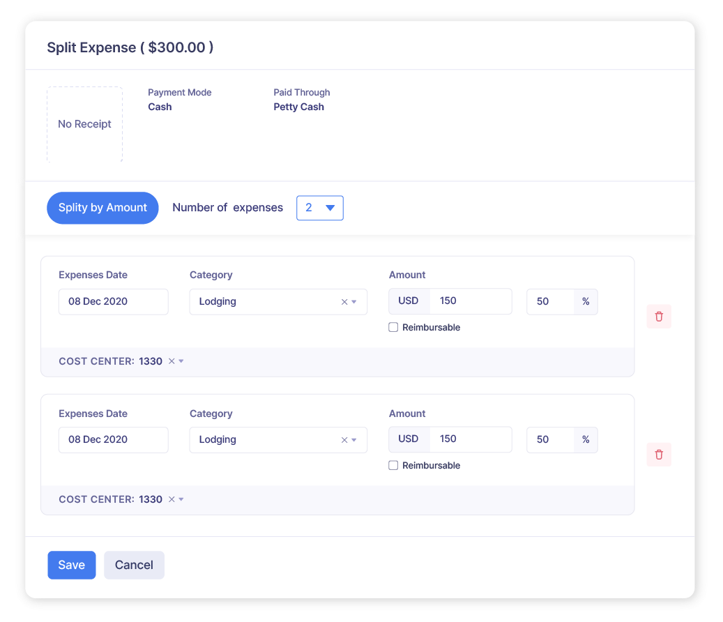 Split expenses in online expense management software