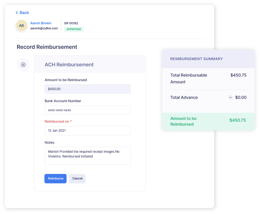 Screen showing direct deposit of expense reimbursement