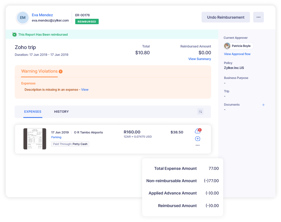 Screenshot of a comprehensive expense report in Zoho Expense