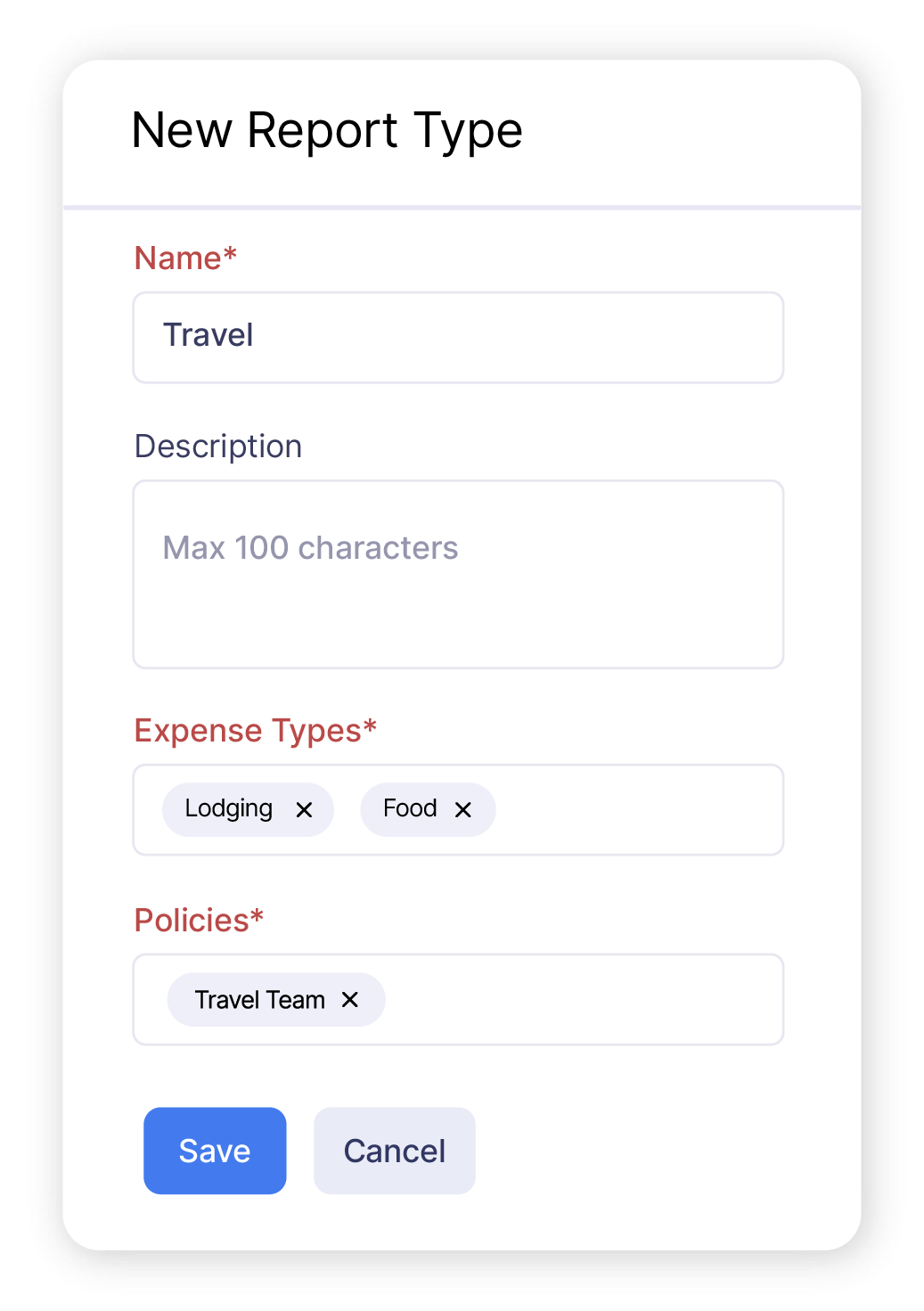 Expense report manager app screenshot depicting the different expense report types