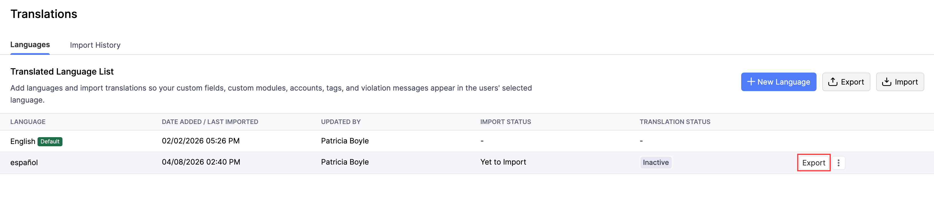 Languages tab. Select Export next to the language you want to download a translation file for.