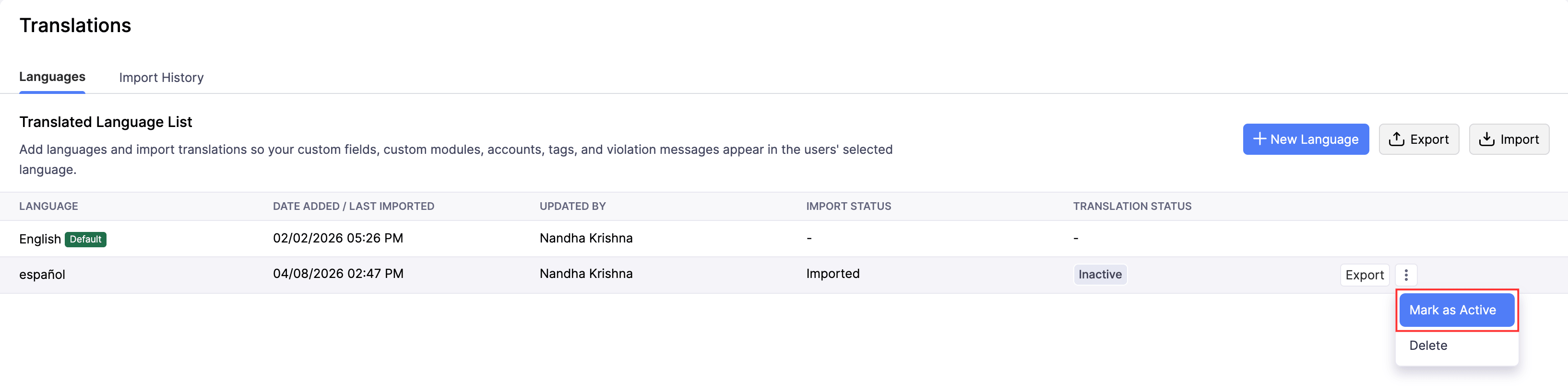 Languages tab of the Translations page. Click the More icon next to a language and select Mark as Active.