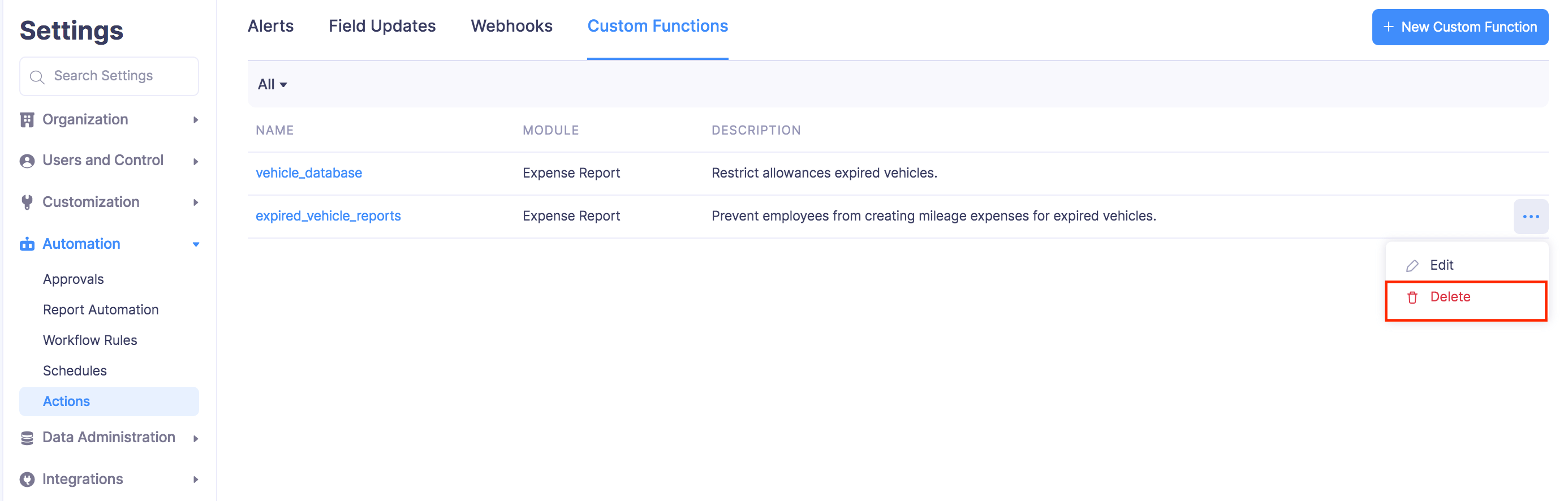 Delete Custom Functions