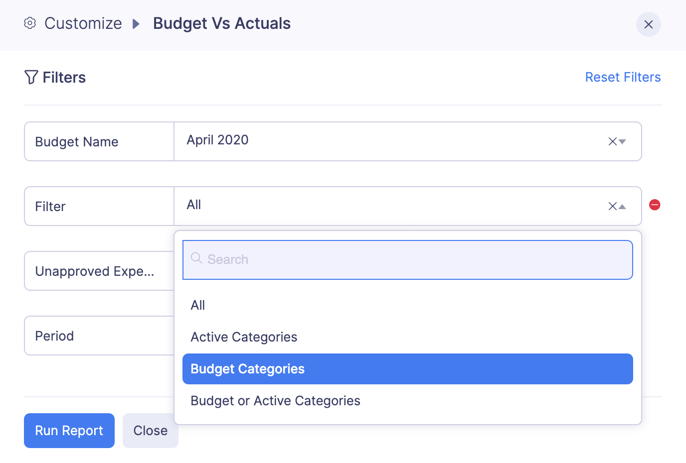 Customize Budget vs Actuals