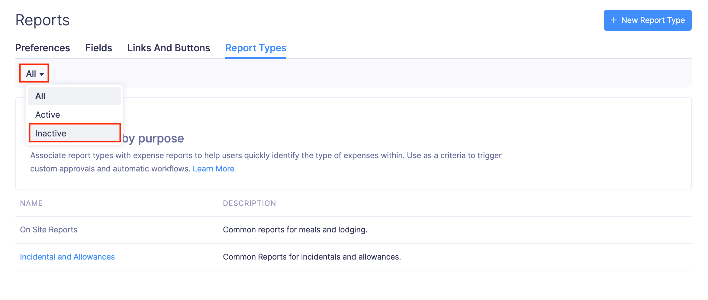 Mark a Report Type as Active or Inactive