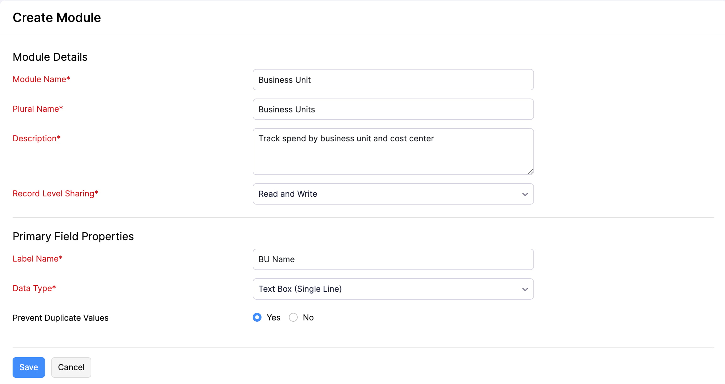 The Create Module page. Fill in the module details and the primary field properties.