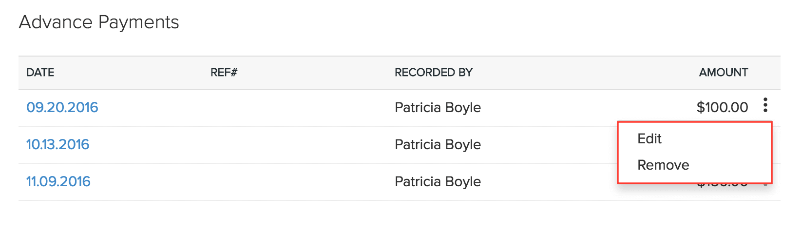 Editing/removing advance payment