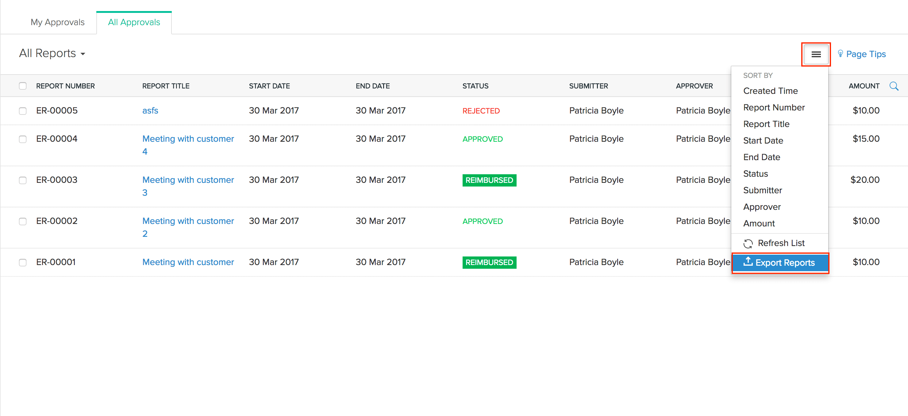 Exporting expense reports for admins