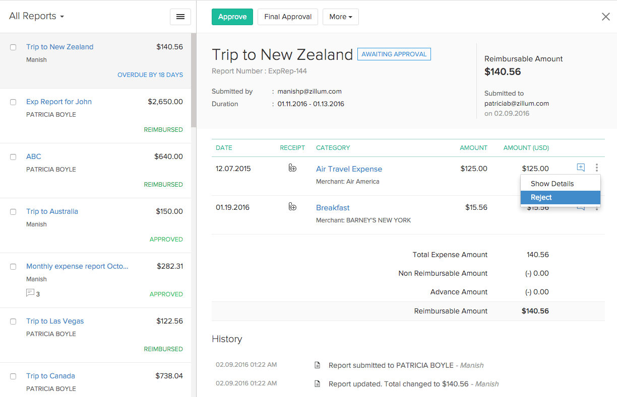 Reject expense in reports