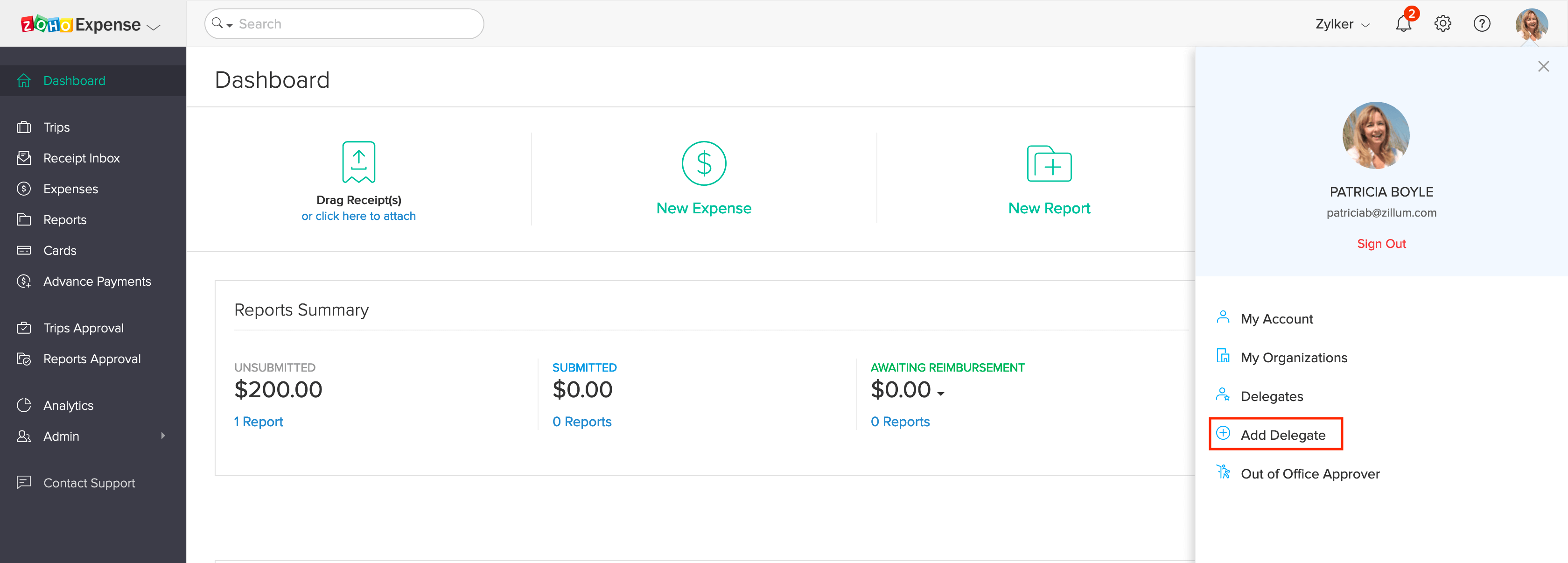 Add Delegate in Zoho Expense