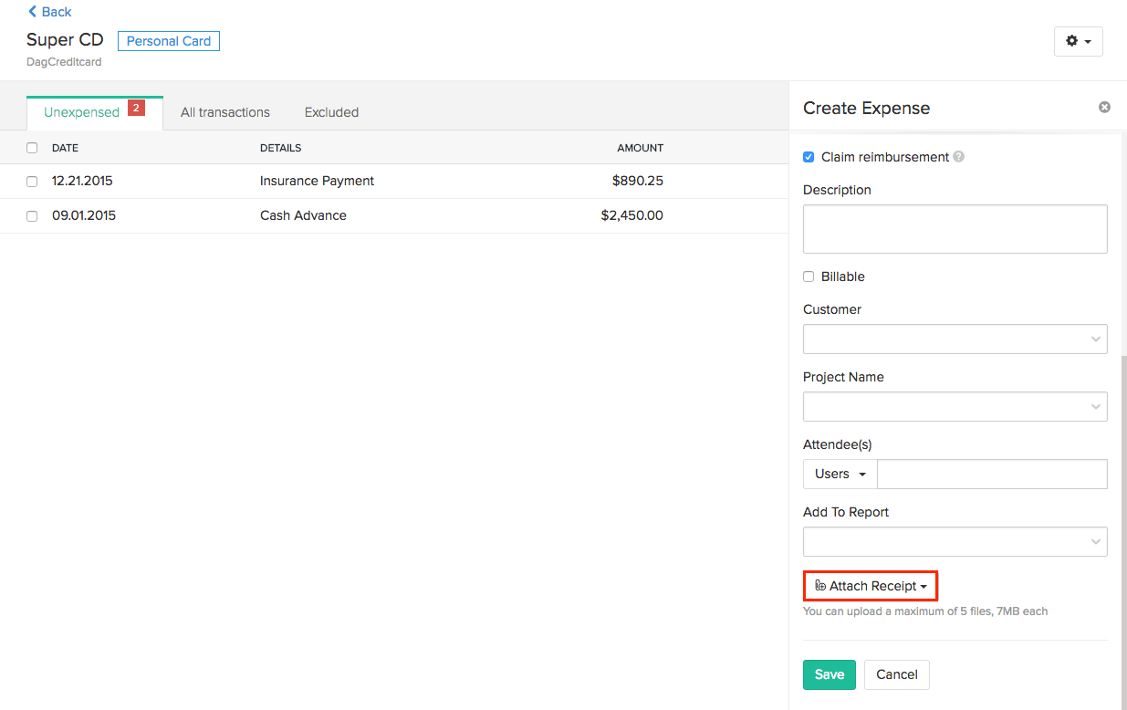attach receipts from cards