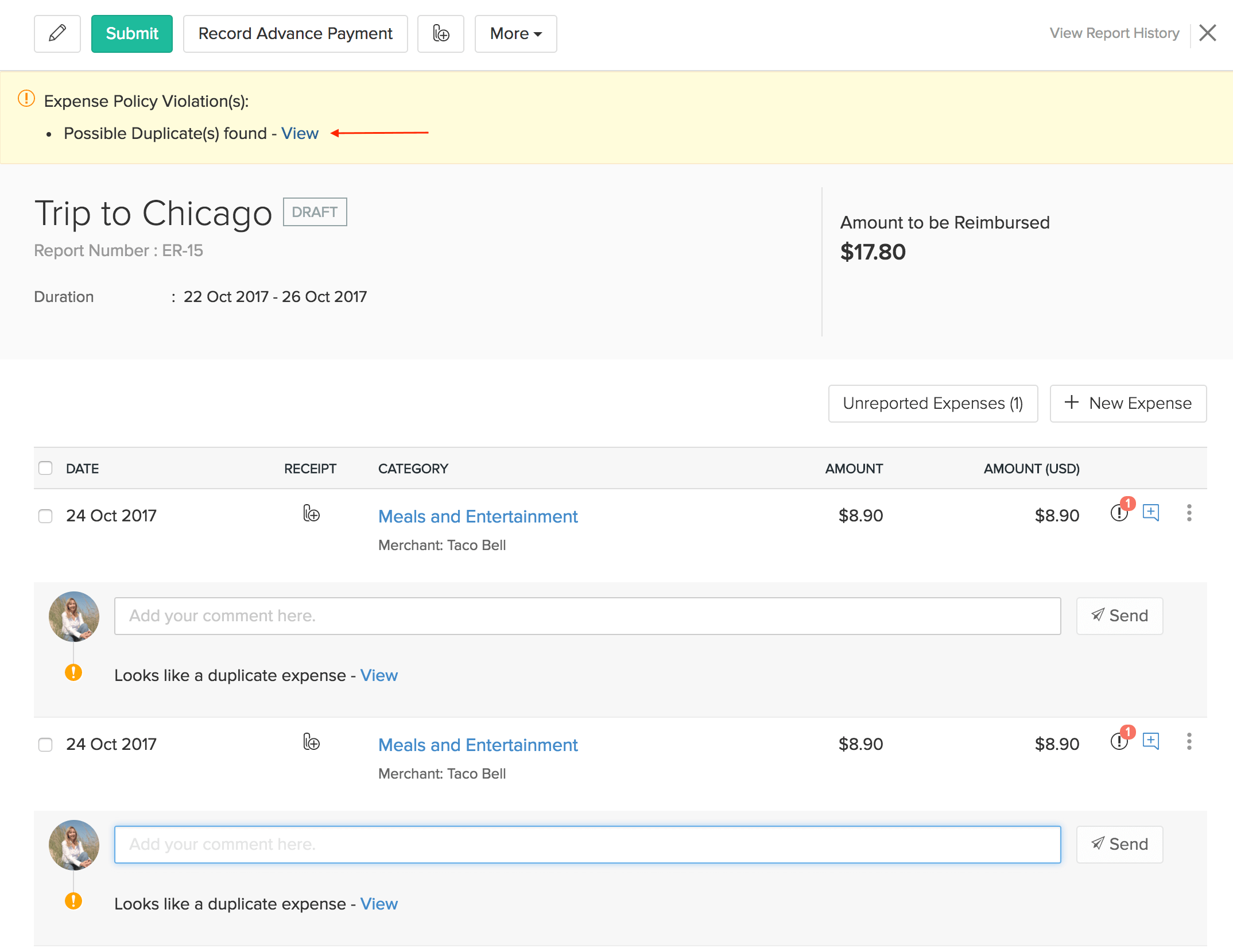 Duplicate warning report