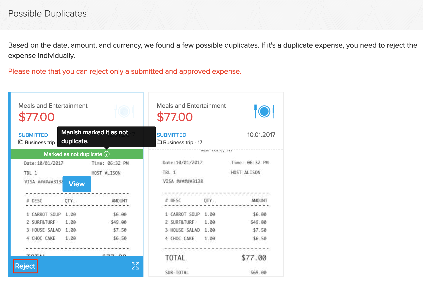 Message to approver about duplicate