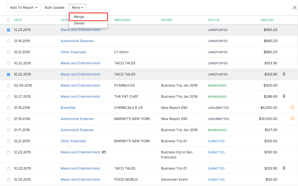 Selecting expenses for merge