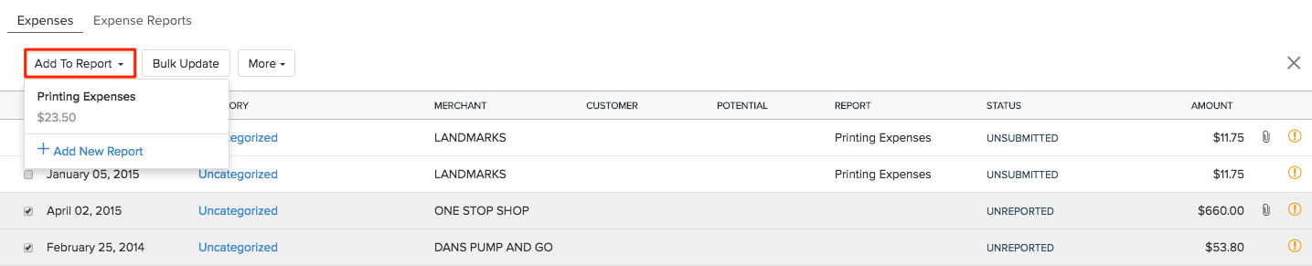 Adding expenses to a report in bulk
