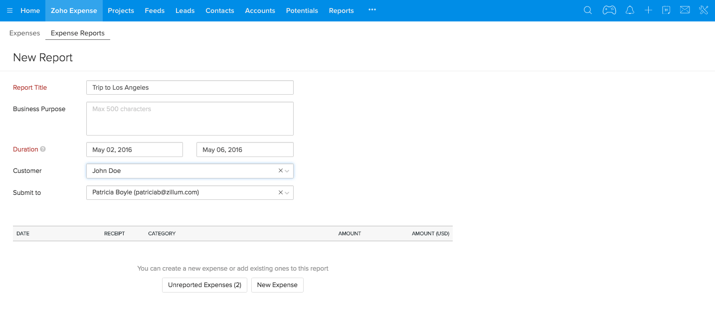 Creating new expense report