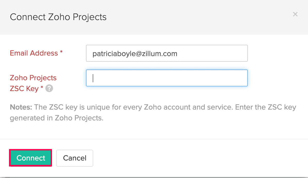 Connect Zoho Projects Pop-up
