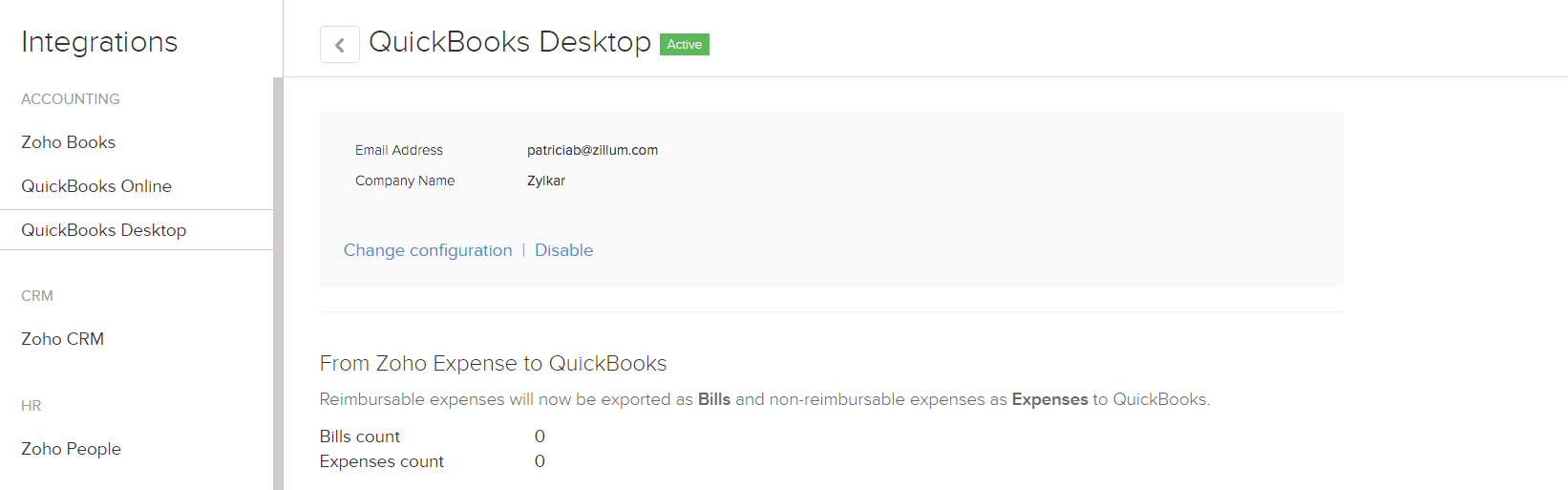 QuickBooks integration Zoho Expense Help