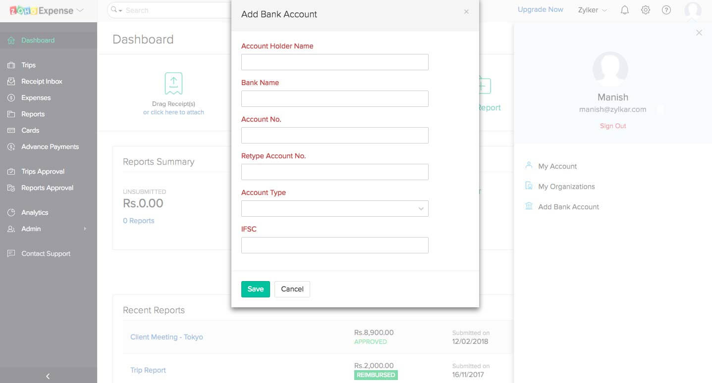 Adding employee bank account in Zoho Expense