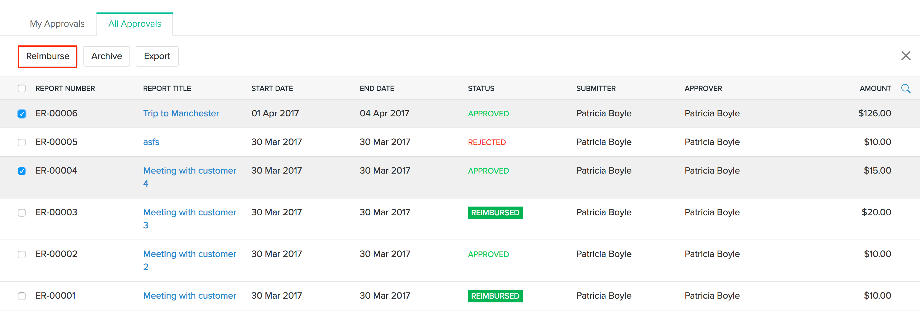 Select reports for bulk Reimbursement