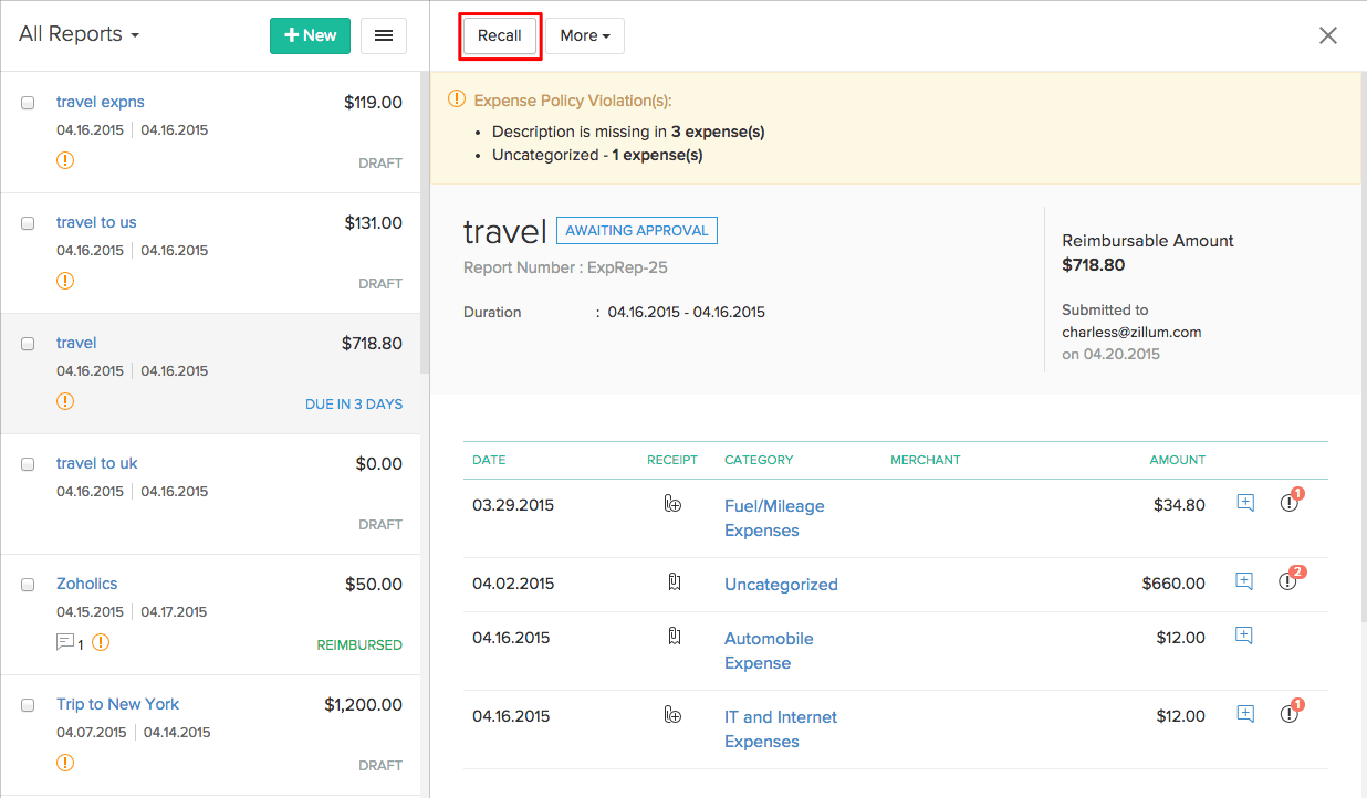 Recalling a submitted report