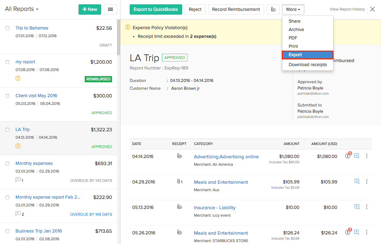 Select the report to be exported