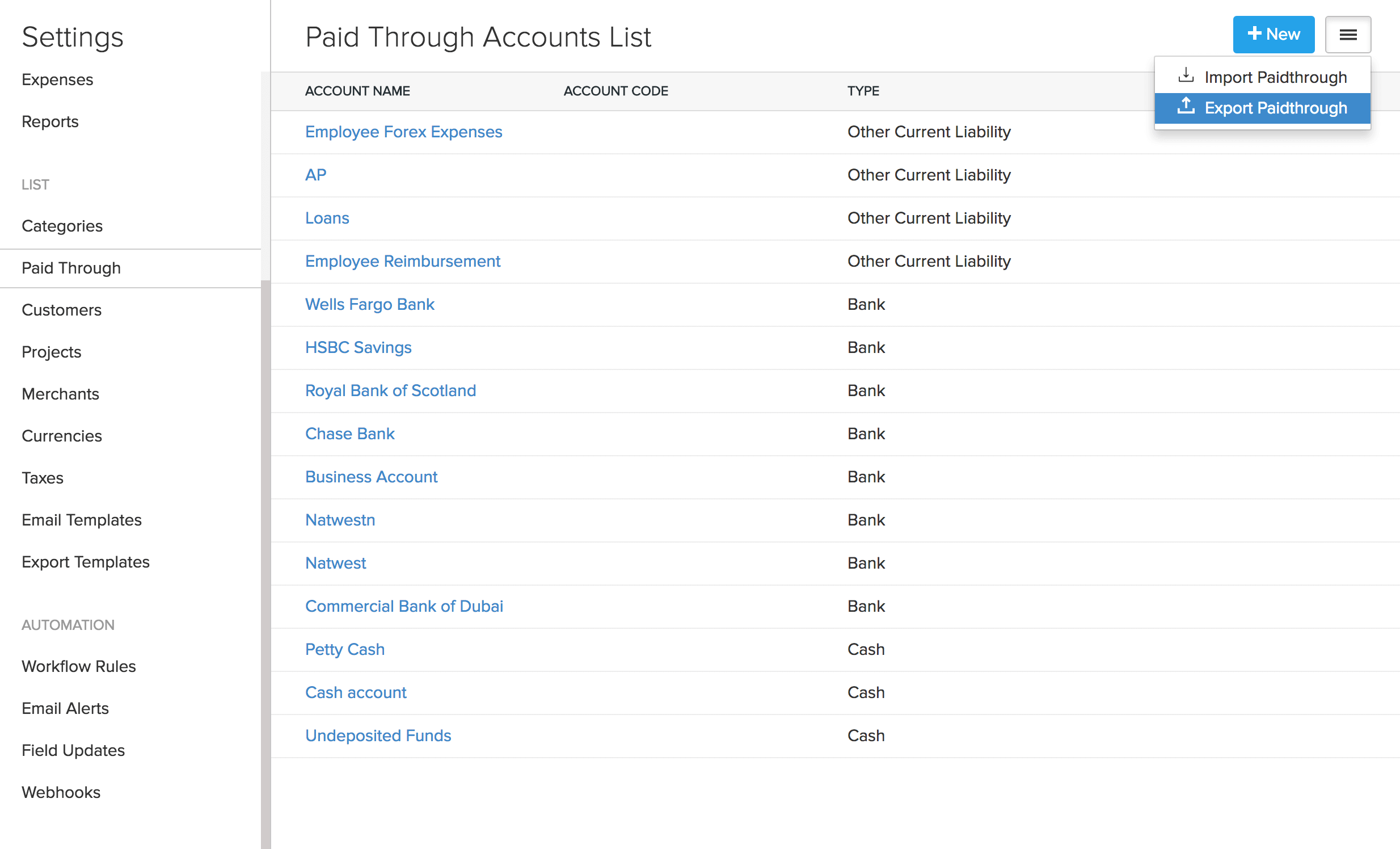 Export paid through accounts