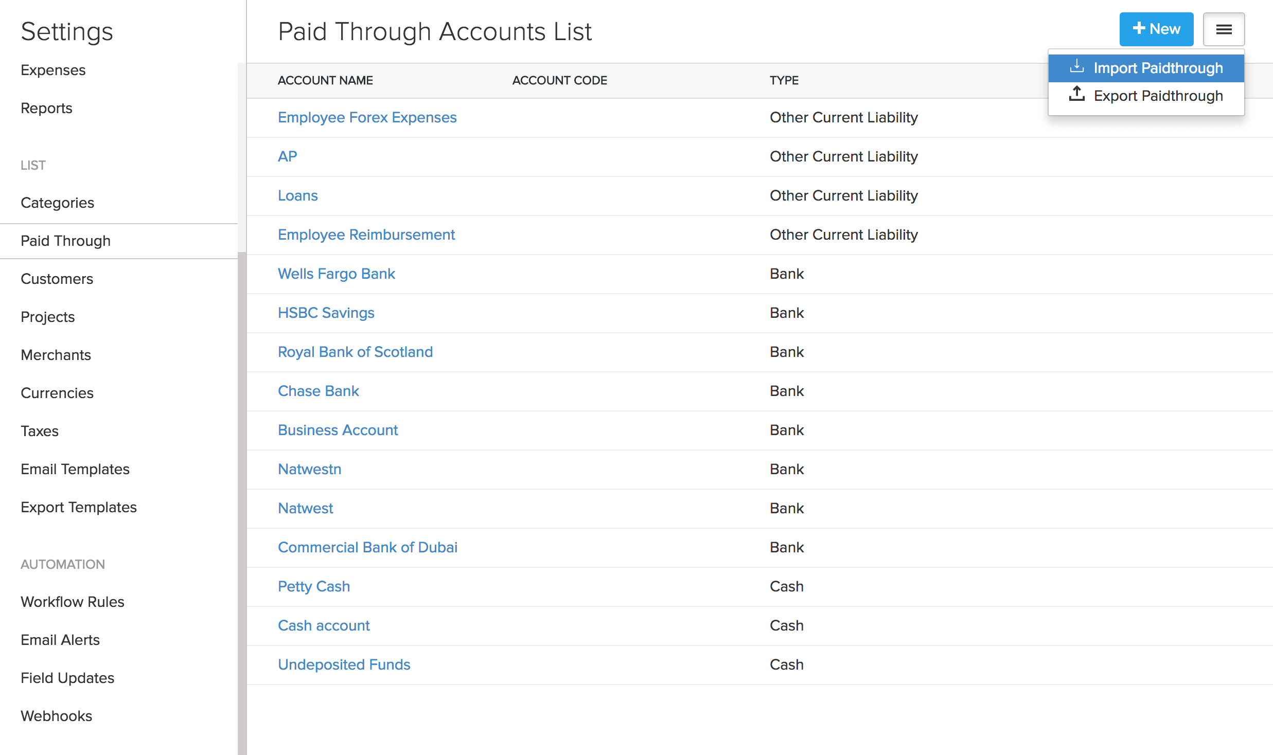 Import paid through accounts