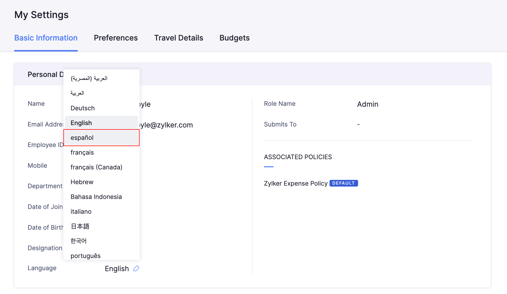 Language dropdown in My Settings. Select your preferred language.