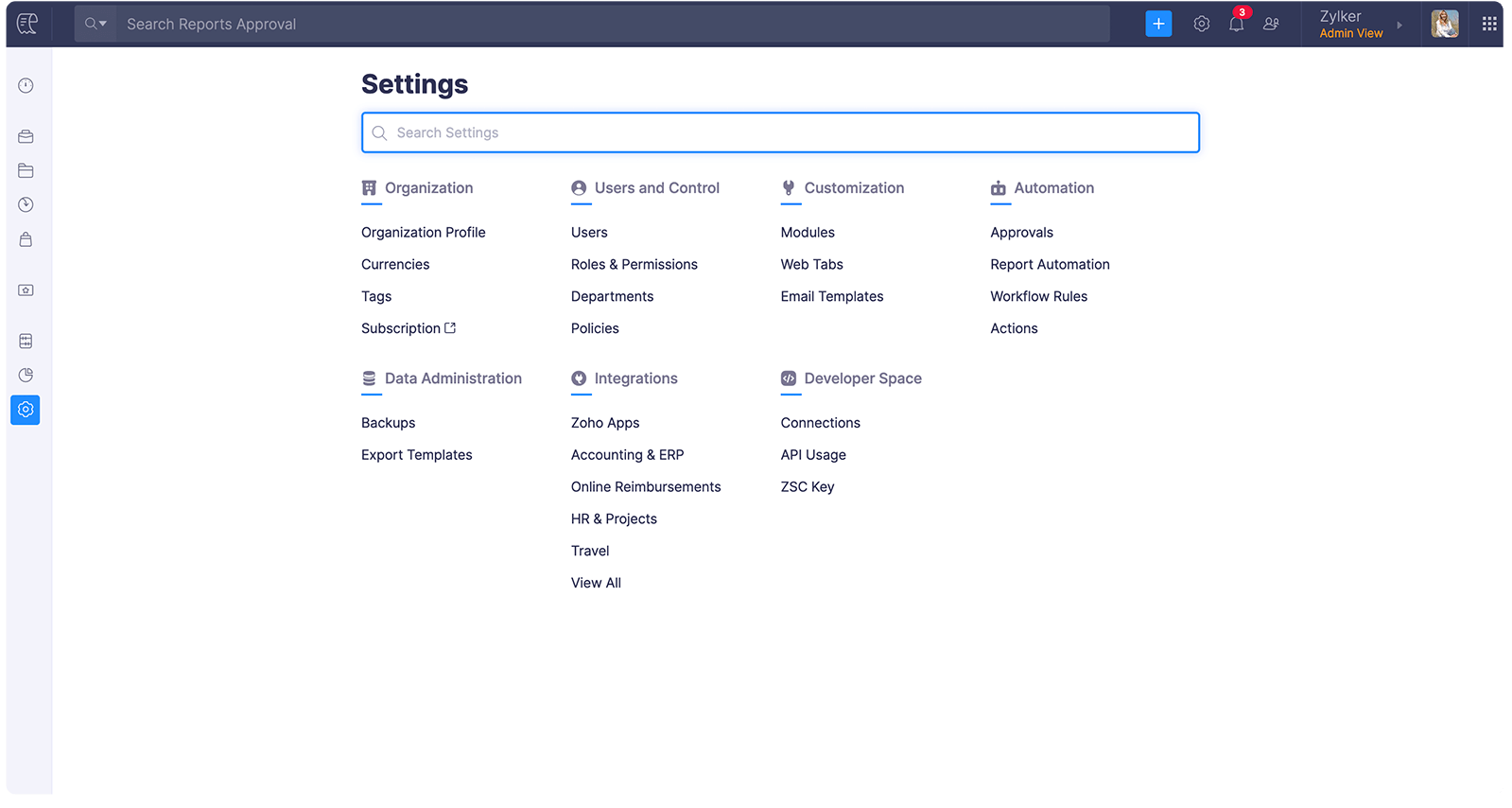 Screen of the 'Setup view' in the new Zoho Expense 