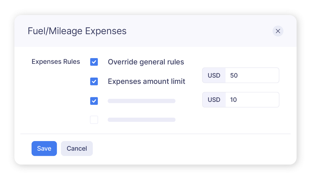 Screen showing category-level limits