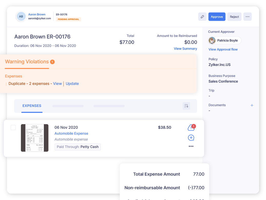 Zoho Expense report screen showcasing the duplicate expenses