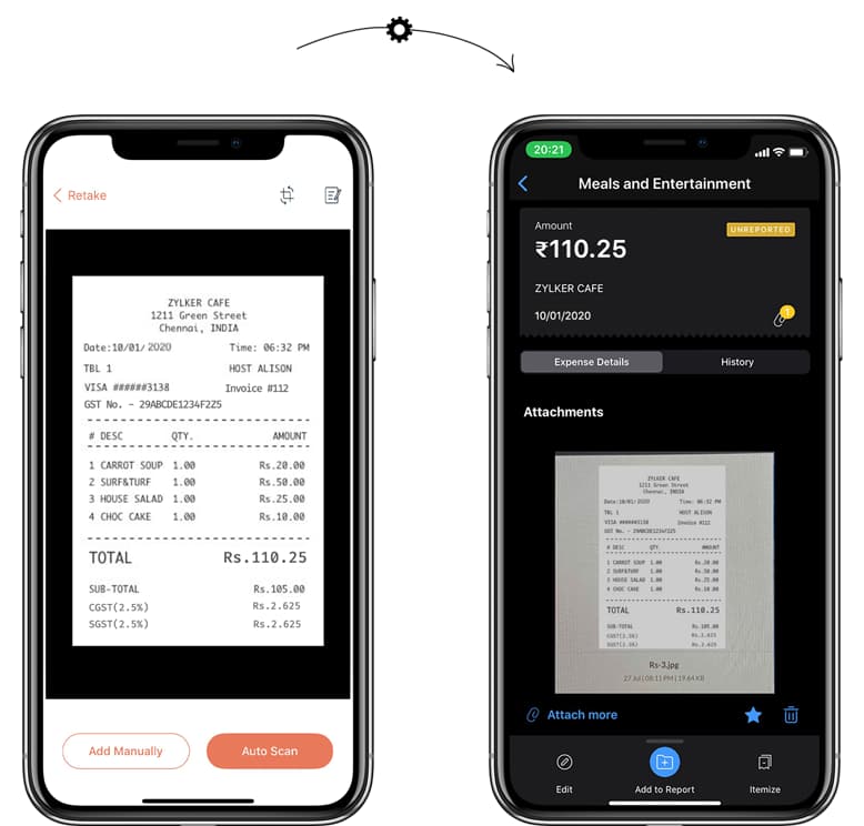 Mobile screens of receipt autoscan