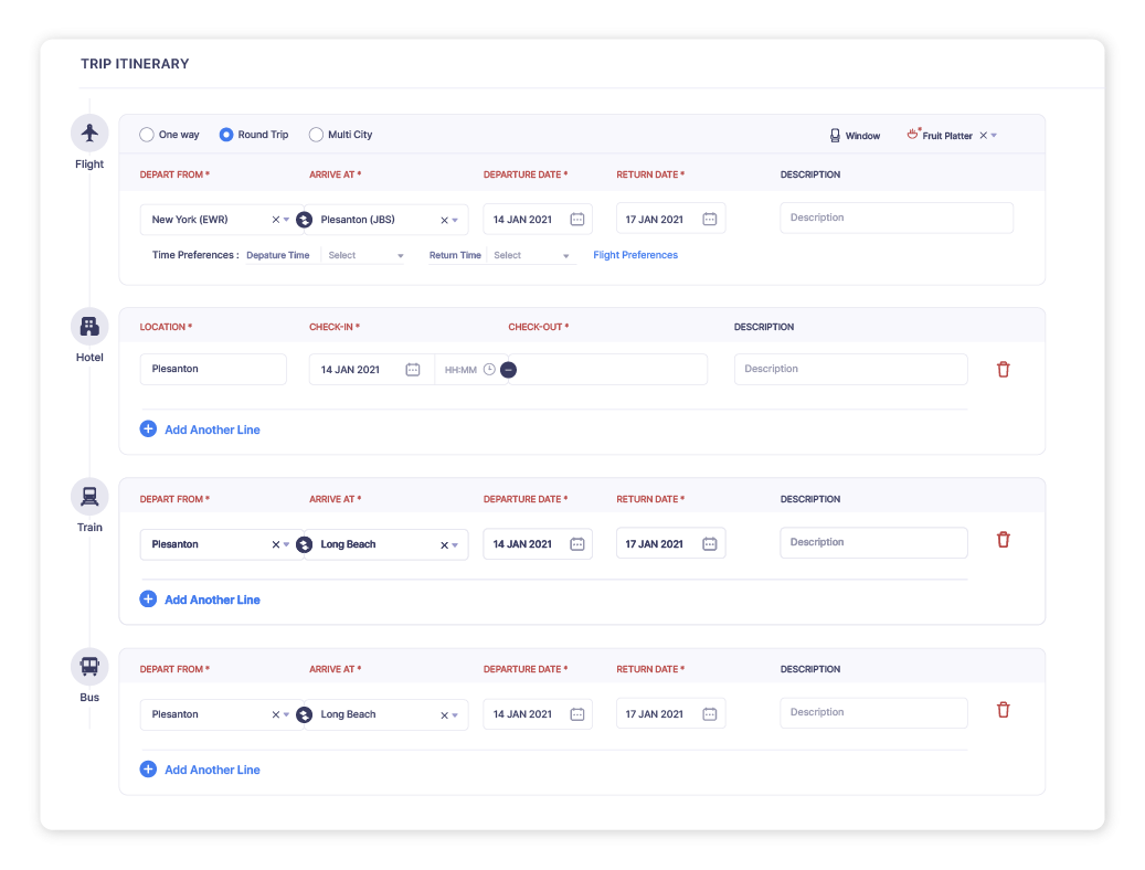 Itinerary management screen