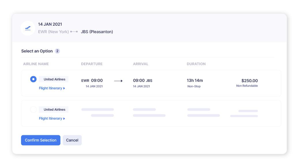 Screen of ticket options