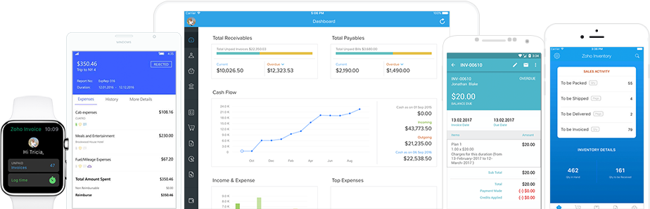 Pantallas de ipad, iphone, android y apple watch mostrando aplicaciones de zoho