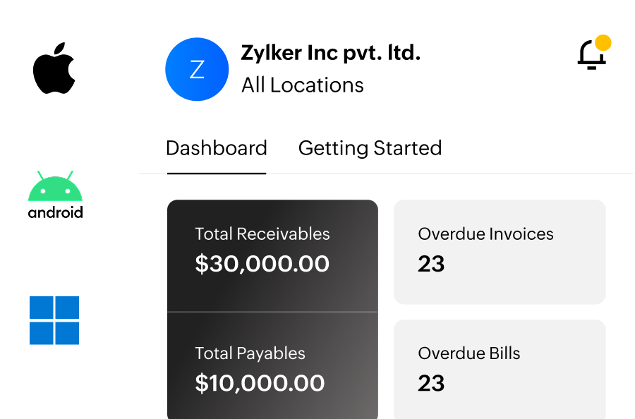 Mobile app dashboard showing receivables, payables, and overdue items with Apple, Android, and Windows icons.