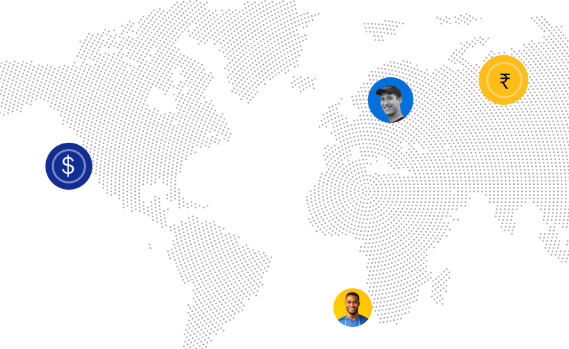 llustration of a world map with multiple currency symbols pinned at respective locations.