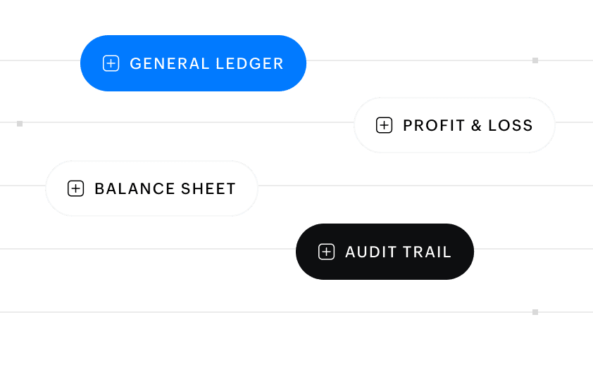 Illustration of different kinds of reports including general ledger, P&L, balance sheet, and audit trail.